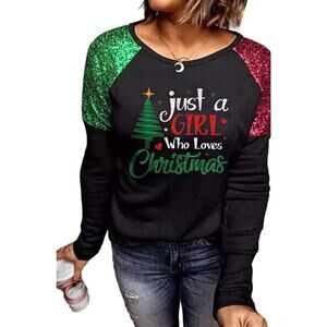 Women Leopard Christmas Tree Snowflake Sequined Splicing Blouse T Shirt Small PP